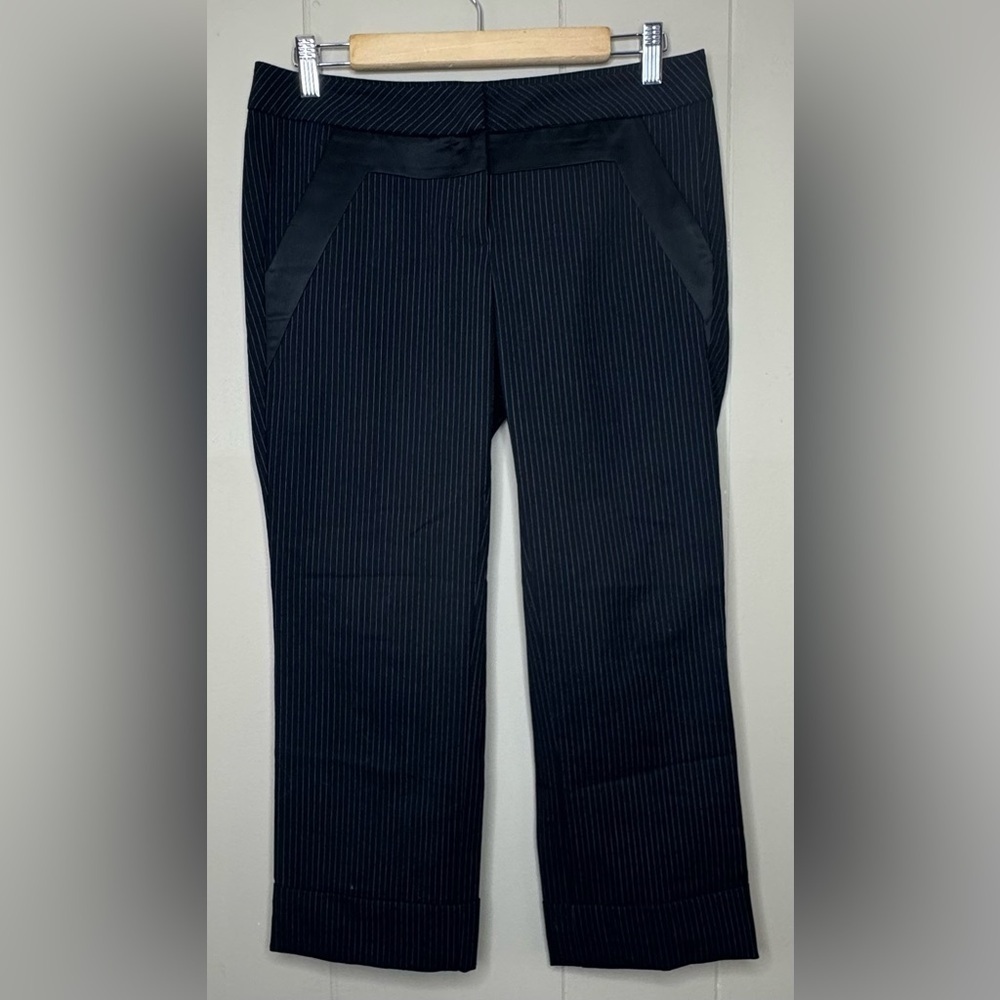 Bebe Y2K Satin Trim Tuxedo Pin Striped Wool Crop Trousers Womens Size 4